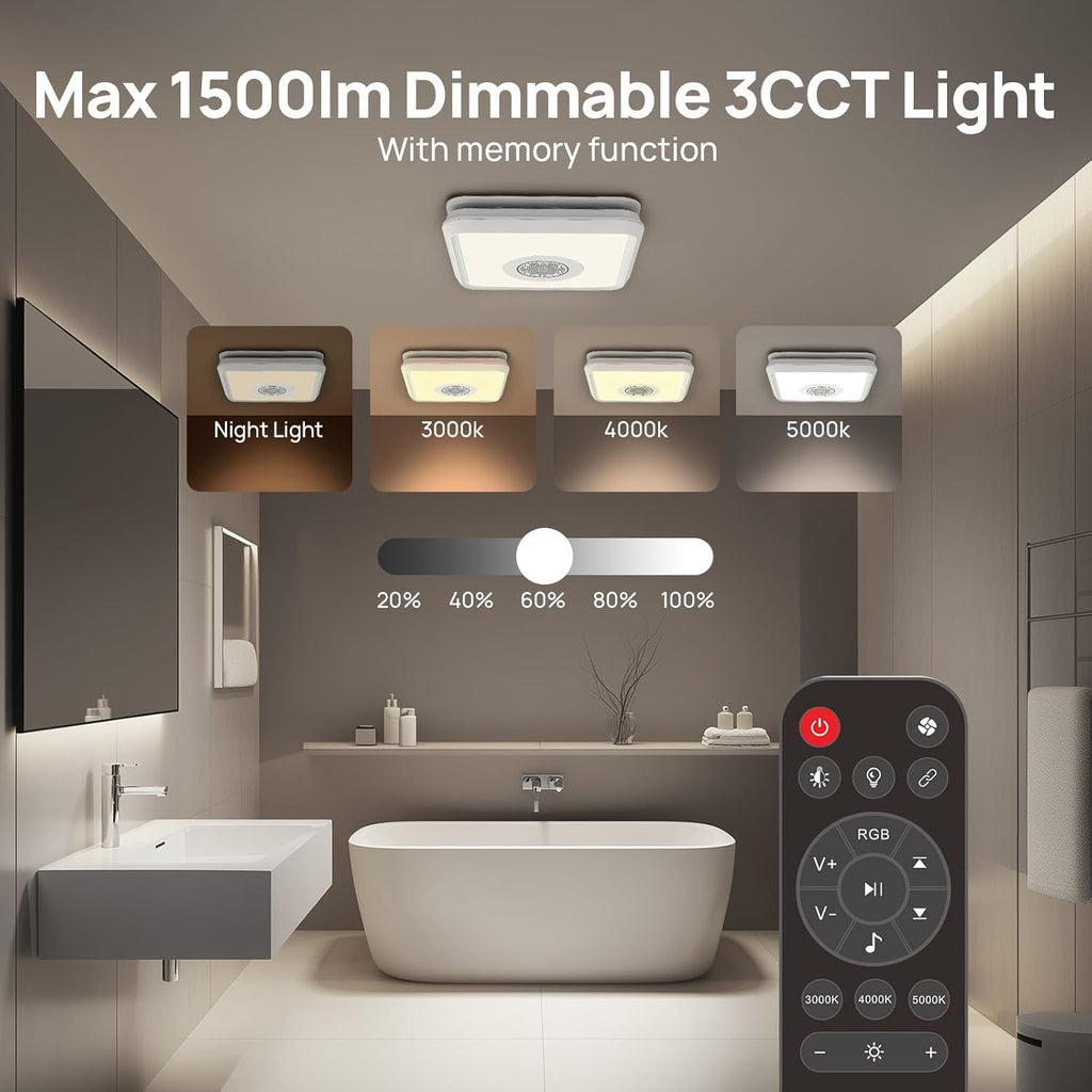 Consciot 160CFM Bathroom Exhaust Fan with Light and Bluetooth Speaker, 7 RGB Light & Music Sync Mode, 1500Lm 3000K/4000K/5000K Light, Nightlight, Remote Control, Quiet 1.0 Sone Ventilation Fan