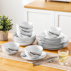 VEWEET Porcelain Dinnerware Sets for 6, 24 Pieces Plates and Bowls Set with Black and Grey Ribbon Lines, Dishes Set Dining Ware for Dinner, Microwave and Dishwasher Safe, Series FIONA