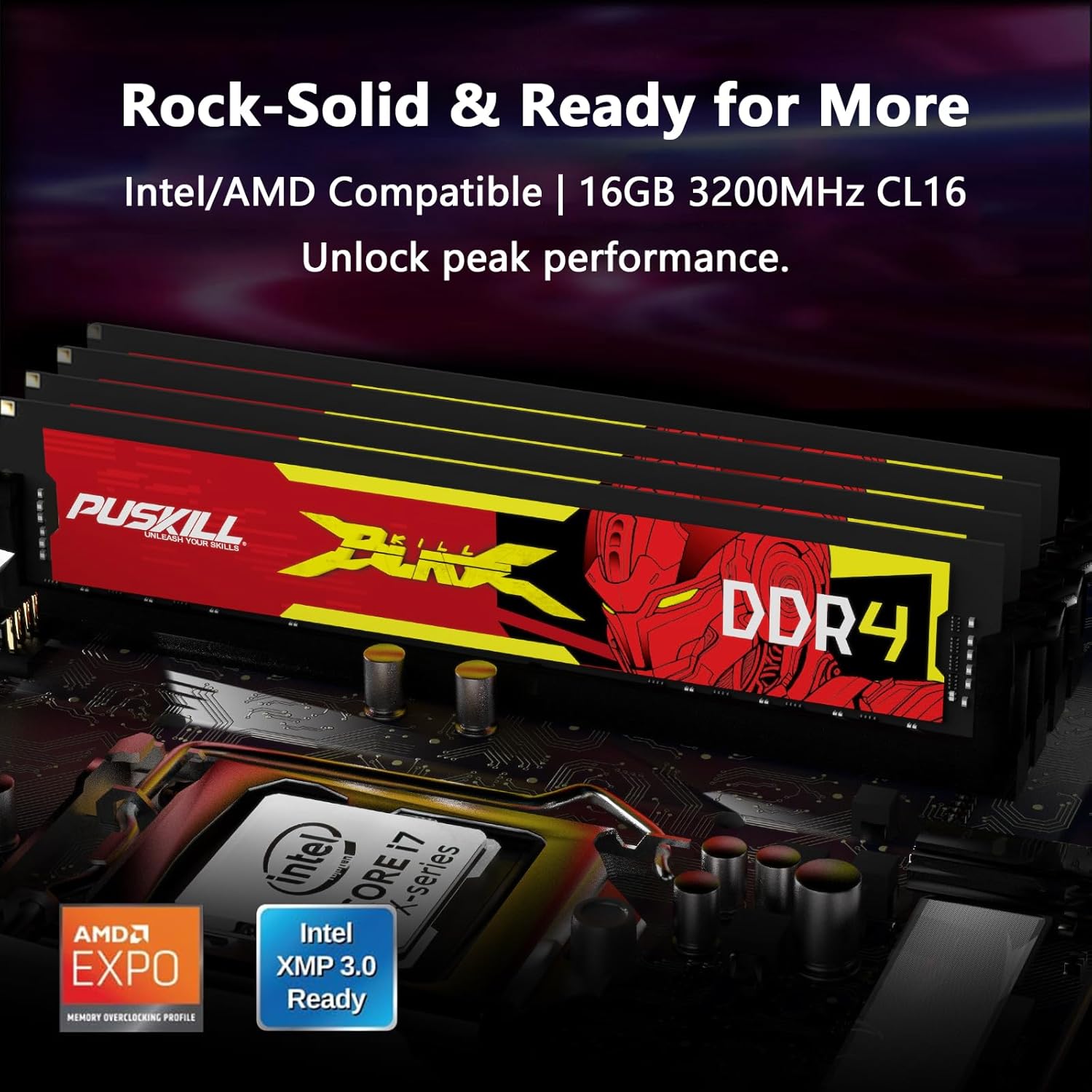 PUSKILL DDR4 RAM 16GB Kit (2x8GB) 3200MHz PC4-25600 CL16 Desktop Memory - 1.35V UDIMM Low Latency, Intel XMP 2.0 Ready for Gaming PC, Compatible with Intel & AMD