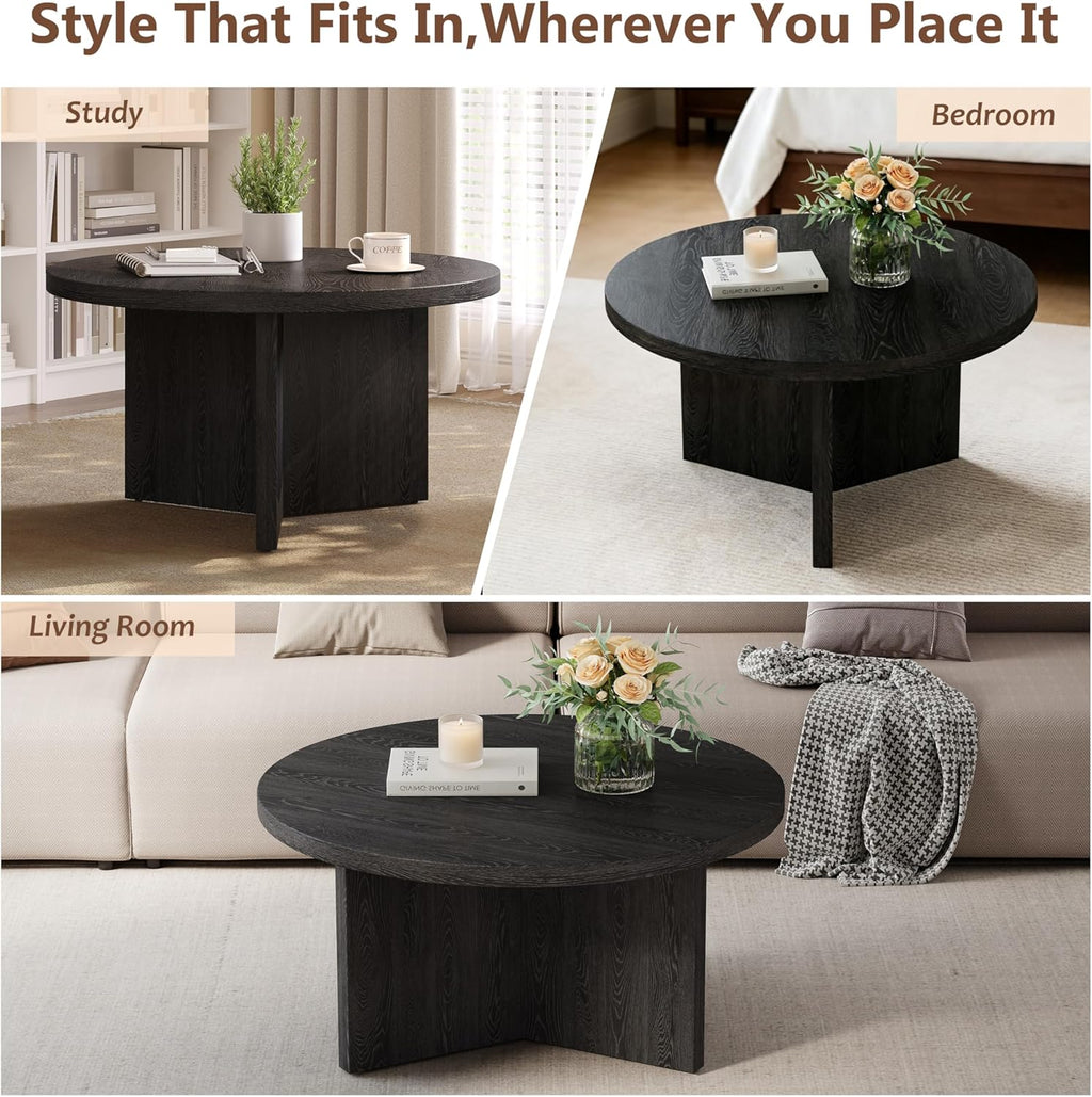 Luoxiao 27.5" Round Black Coffee Table, Modern Wood Grain Center Table with Triangle Pedestal Base, Low Profile Circular Accent Table for Living Room, Small Spaces & Apartments, Easy Assembly