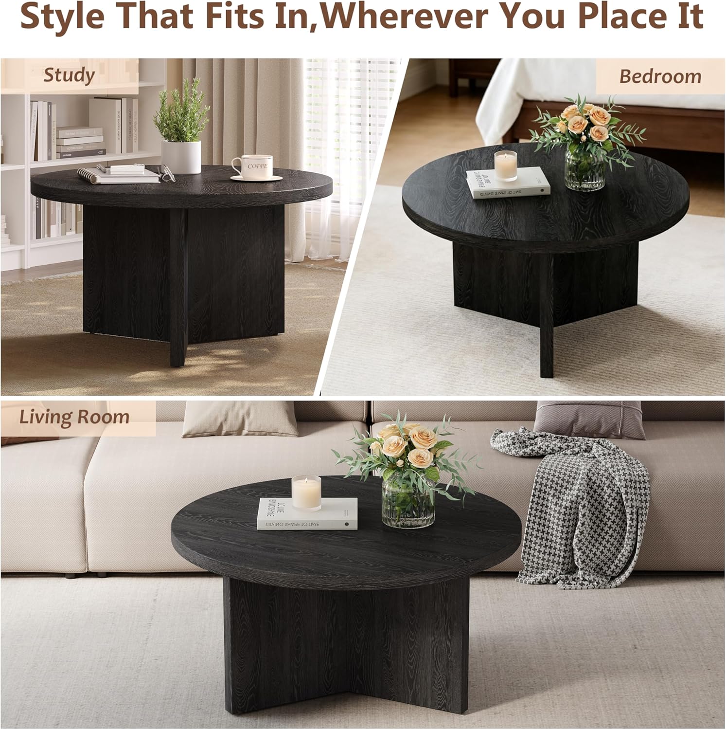 Luoxiao 27.5" Round Black Coffee Table, Modern Wood Grain Center Table with Triangle Pedestal Base, Low Profile Circular Accent Table for Living Room, Small Spaces & Apartments, Easy Assembly