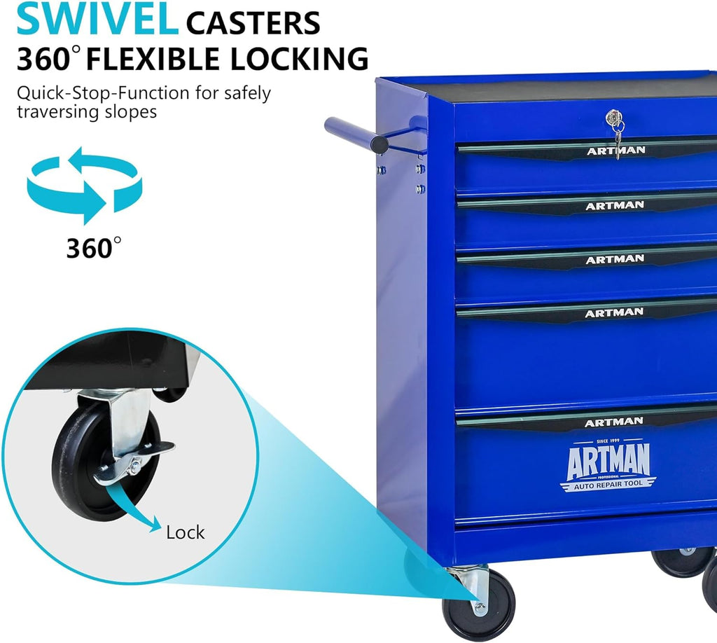 5 Drawers Tool Cart on Wheels, Multifunctional Rolling Tool Chest, Drawers Mobile Trolley Organizer Heavy Duty Tools Box with Locking Wheels & Ball Bearing Drawers (Blue, 5 Drawers)