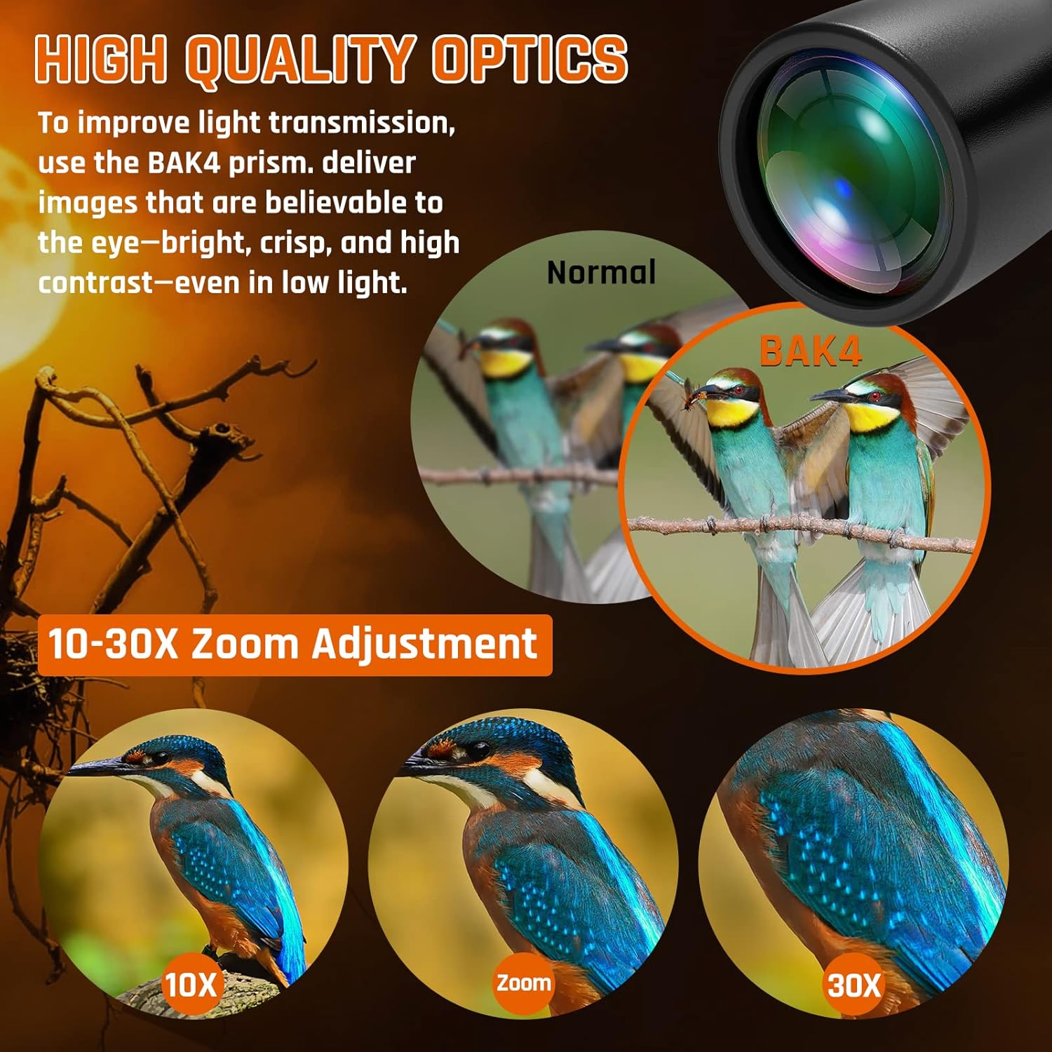 10-30x50 Zoom Binoculars for Adults  High Powered Military Binoculars for Bird Watching Traveling Hunting Concerts with Large View BAK4 FMC Lens Clear Low Light Vision at Night