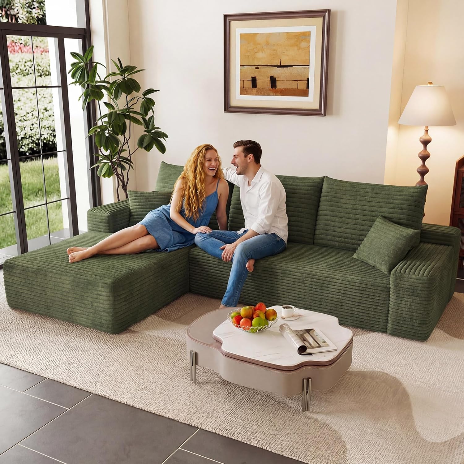 95" Modular Sectional Couch, Boneless L Shaped Cloud Sofa with Chaise Lounge, Corduroy Upholstered Couches Memory Foam Deep Seat, No Assembly Required, Ideal for Living Room(Green, Left Facing)