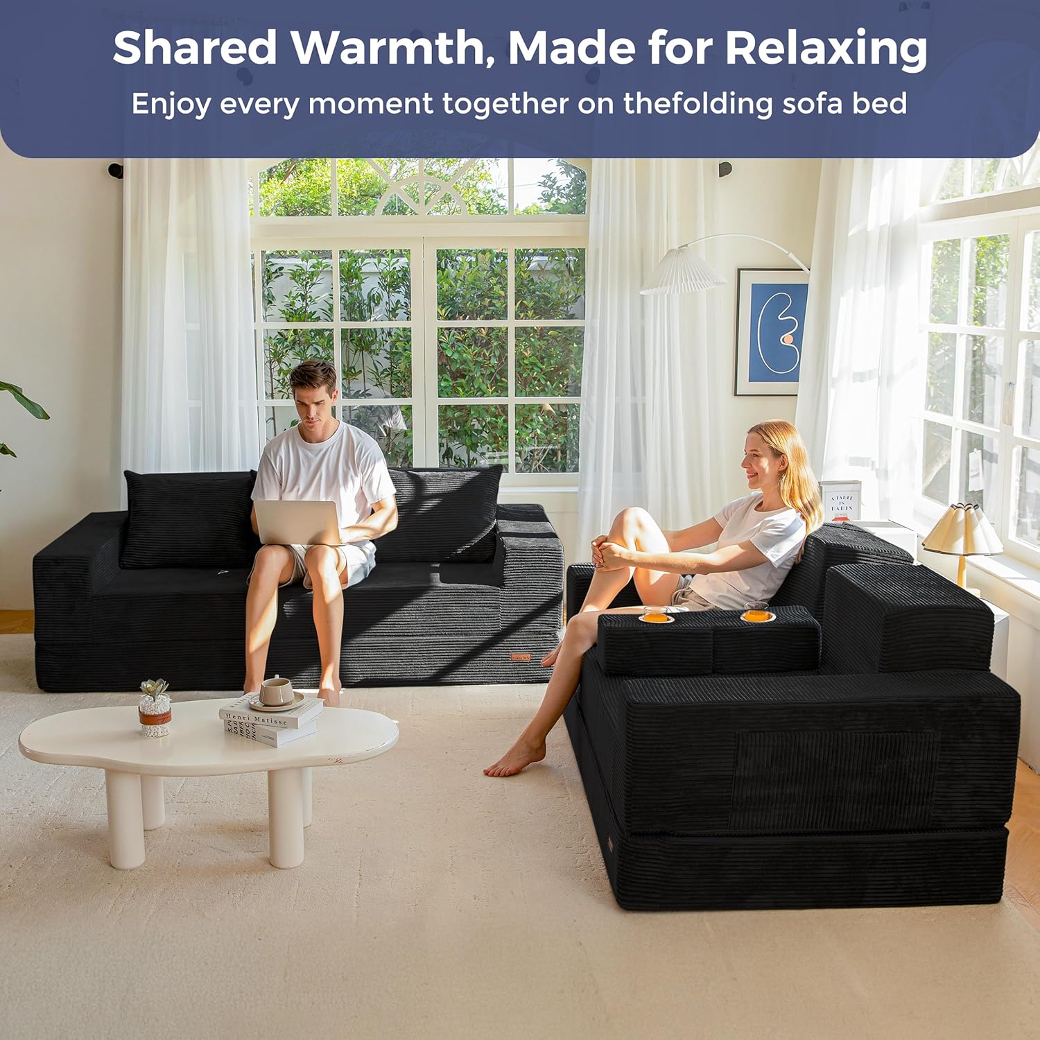 MAXYOYO Convertible Sofa Bed, 80" Oversized Boneless Loveseat Couch 4 in 1 Foldable Floor Sofa Couch in A Box with 2 Cup Holders, Folding Sleeper Chair for Living Room, No Assembly Required, Black