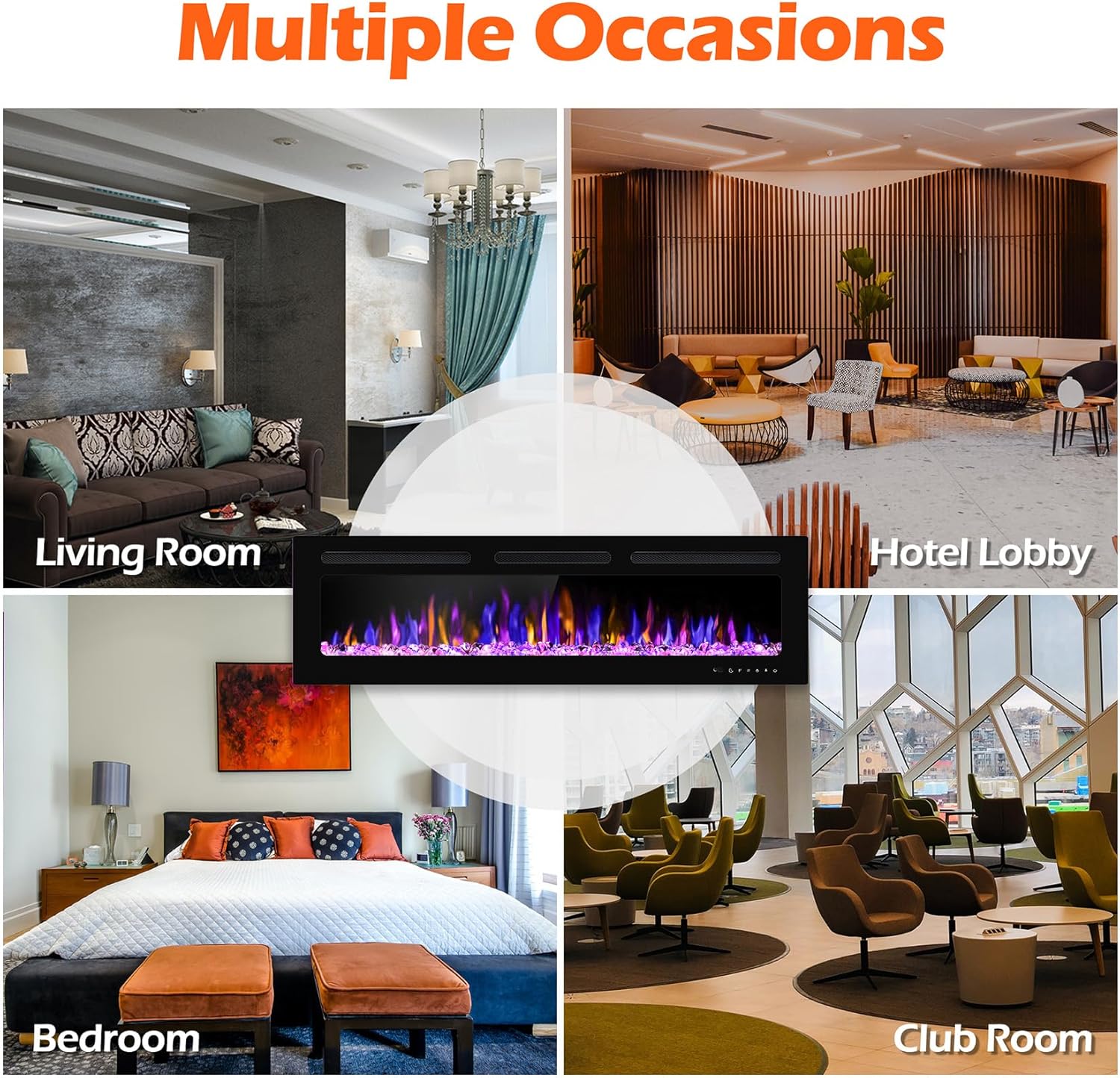 60" Electric Fireplace Wall Mounted and Recessed with Remote Control, 750/1500W Ultra-Thin Wall Fireplace Heater W/Timer Adjustable Flame Color and Brightness, Log Set & Crystal Options