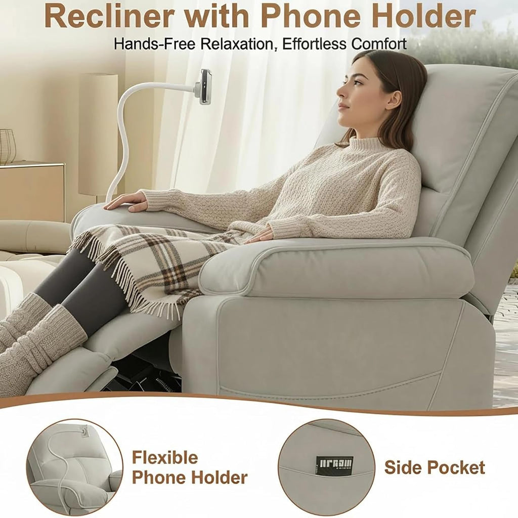 Nursery Rocking Chairs Glider Recliner with Flexible Phone Holder,Comfortable Nursing Chair Swivel Rocker Recliner for Baby Breastfeeding, Velvet, Beige