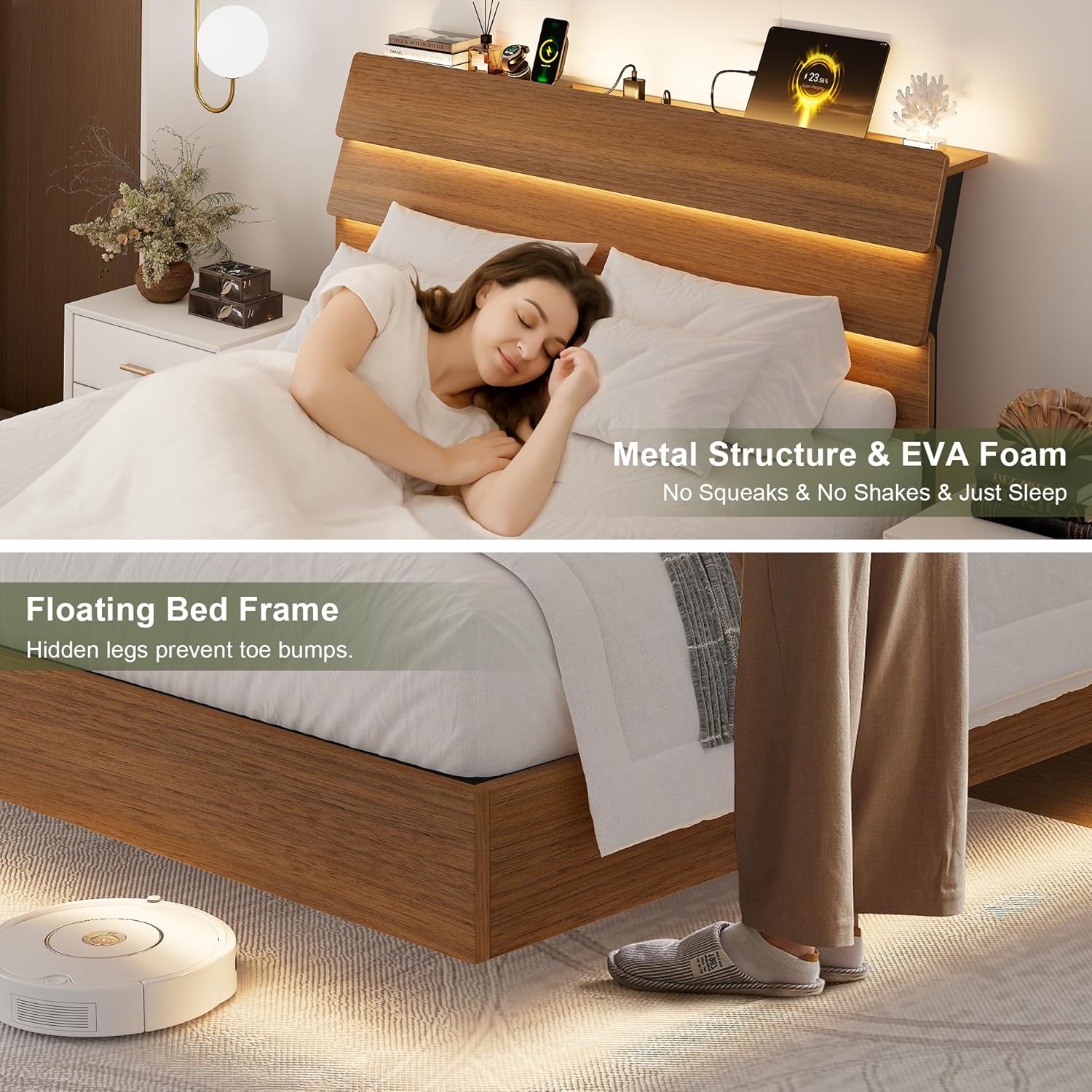 Feonase Floating Bed Frame Queen with Led Lights and Charging Station, Wood Full Size Bed Frame with Storage Headboard, Heavy Duty Metal Slats, No Box Spring Needed, Easy Assembly,Walnut