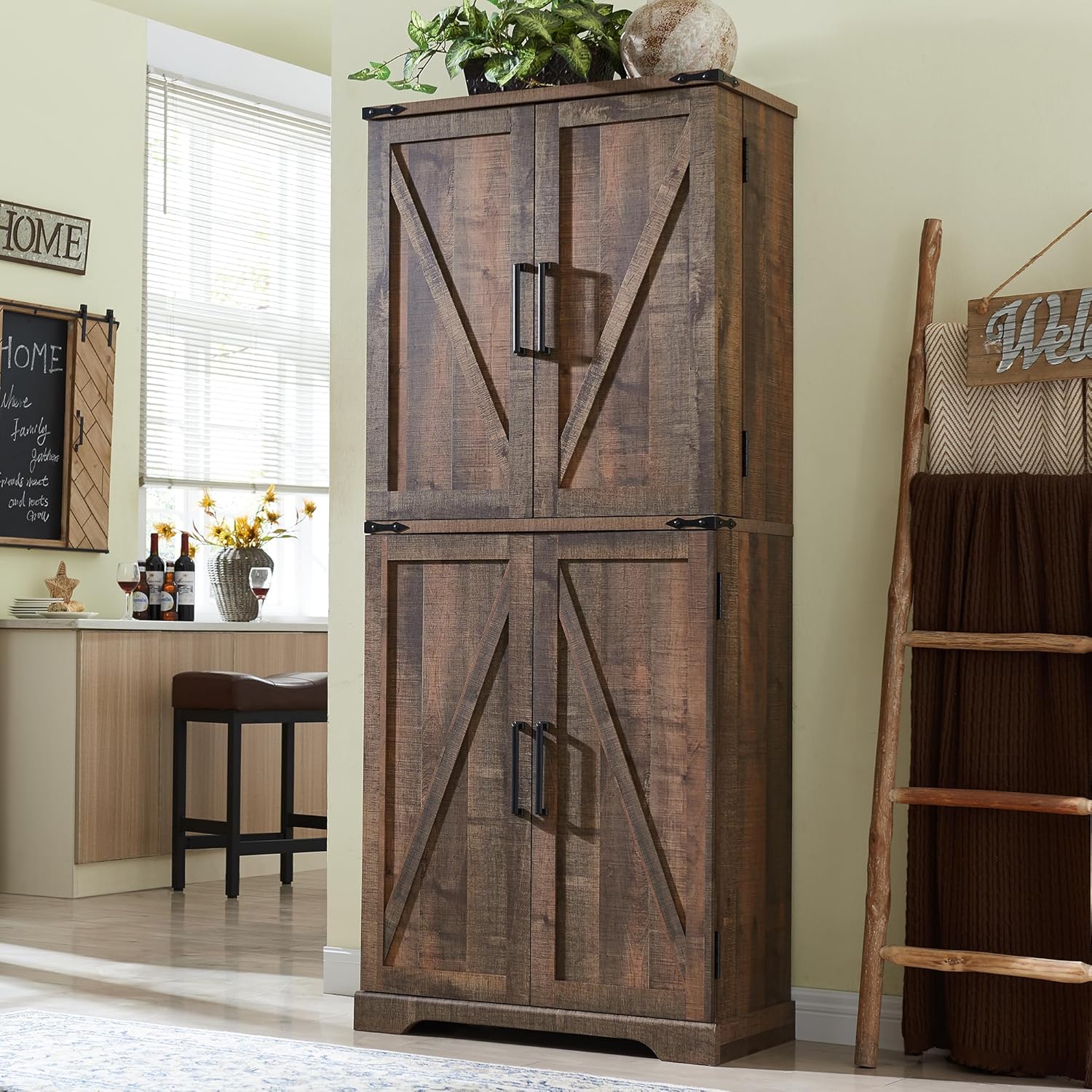 ACCOHOHO 72" Tall Kitchen Pantry, Farmhouse Storage Cabinet with Barn Doors, Organizer, Drawer and Adjustable Shelves, Rustic Wood Cupboard for Kitchen, Dining Room, Bathroom, Rustic Brown