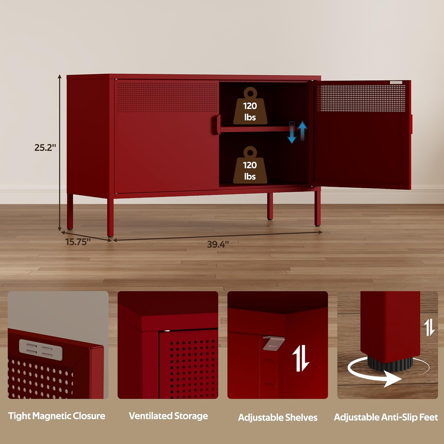 Metal Storage Cabinet with 2 Doors & Adjustable Shelves, 25" H Red Accent Cabinet, Metal Locker Storage Cabinets, Tv Stand Cabinet for Home, Office, Living Room, Entryway