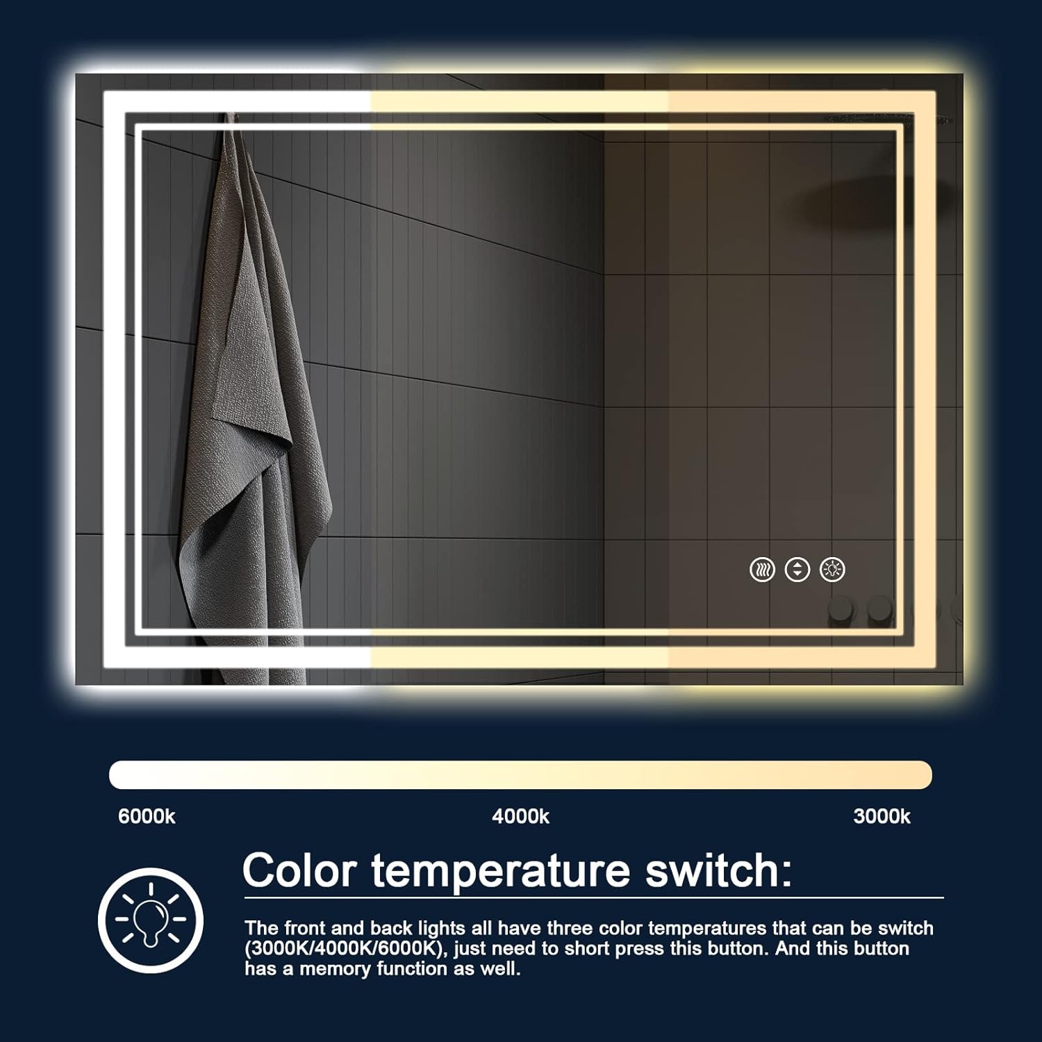 48 x 30 Inch LED Bathroom Mirror with Lights, Front and Backlit Anti-Fog Dimmable Memory Lighted Bathroom Vanity Mirrors for Wall, Shatterproof Led Mirror for Bathroom