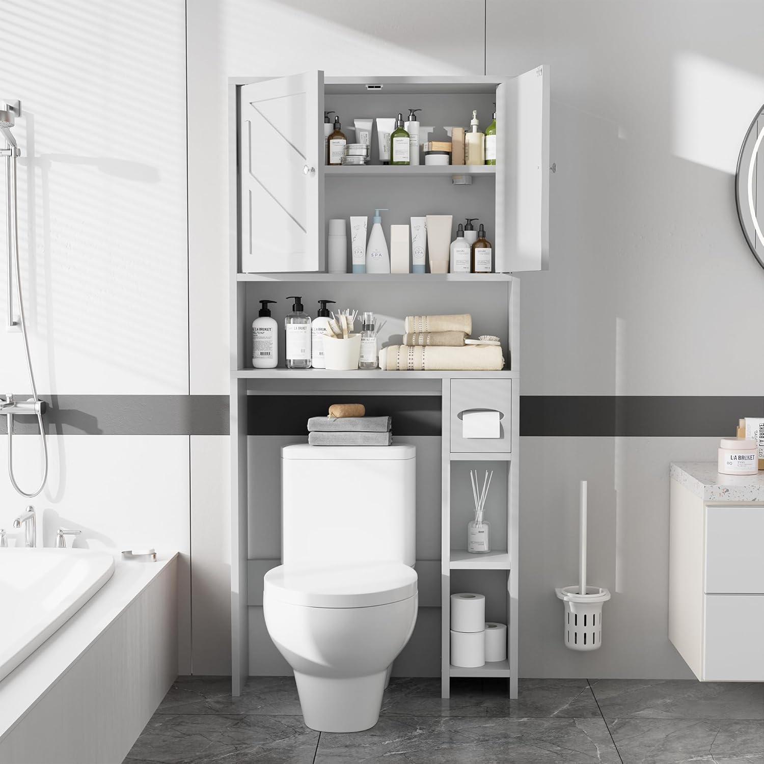 Meilocar Bathroom Storage Cabinet Over Toilet with Toilet Paper Holder Stand, Freestanding Bathroom Storage Organizer Cabinet Space Saver W/Adjustable Shelf, White