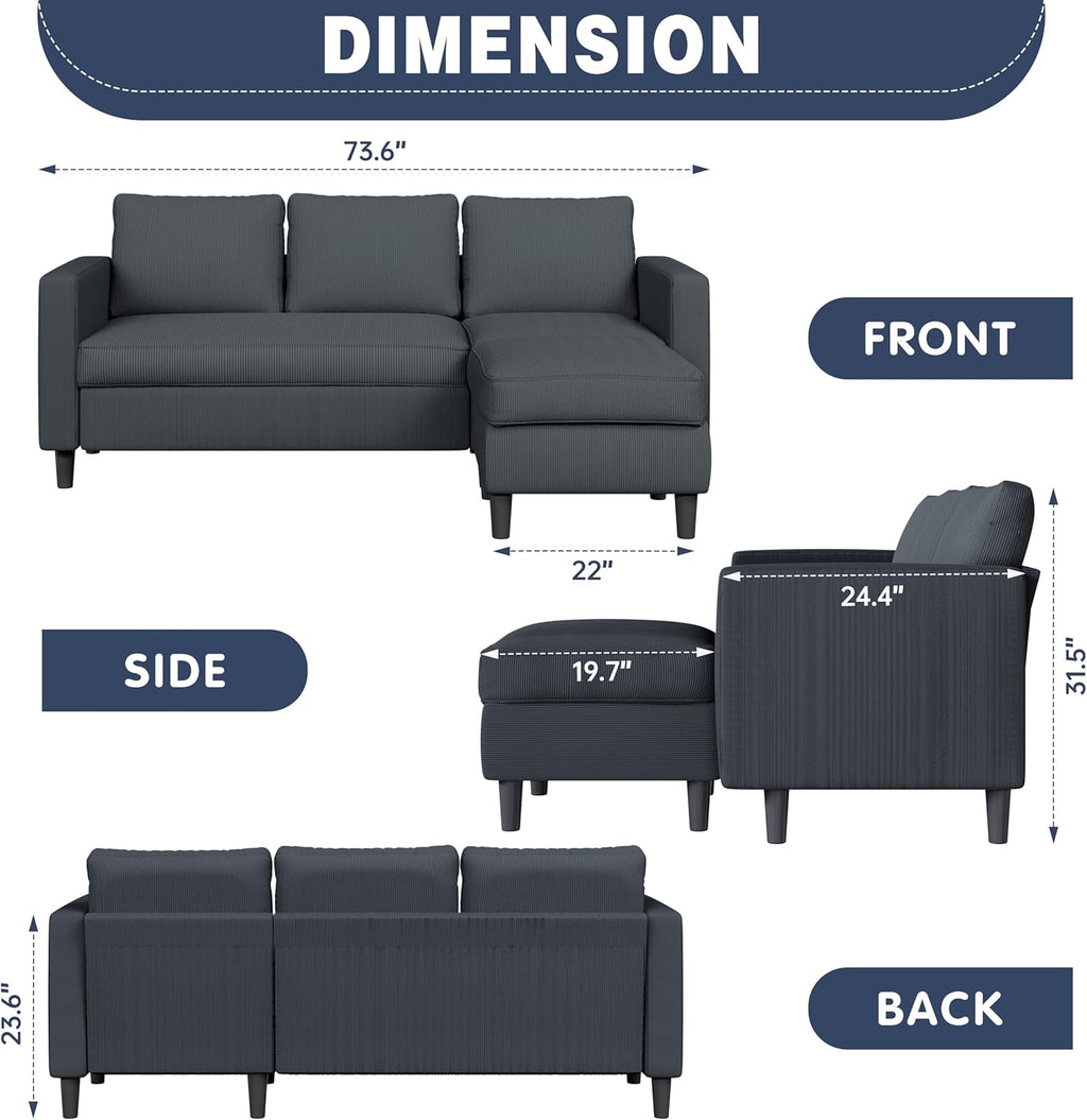 Shintenchi Modern Upholstered Sectional Sofa, L-Shaped Couch with Reversible Chaise for Living Room, New Corduroy Fabric