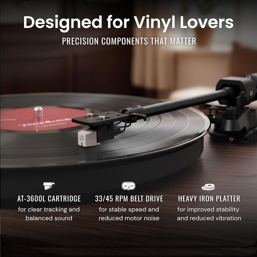 Hi-Fi Record Player with Speakers | Premium Vinyl Turntable with Bluetooth Capability | Built-in 4-Speaker Stereo System for Music Fans  Walnut Veneer + Black Trim