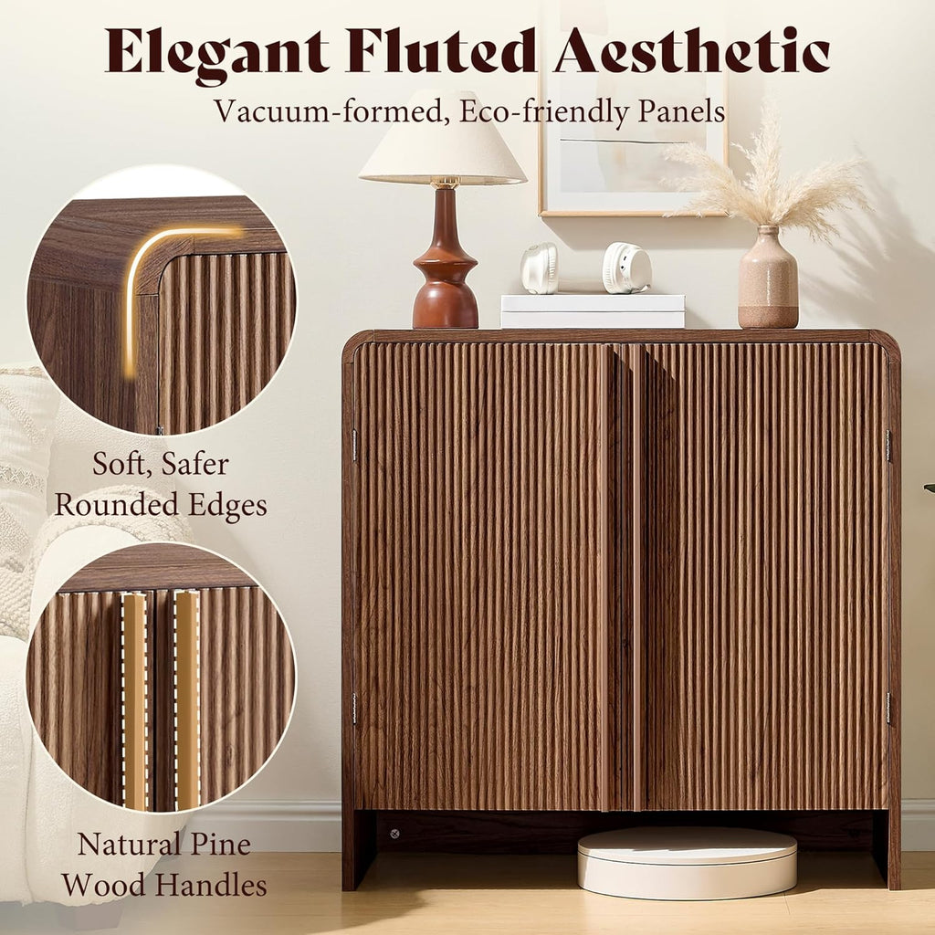 AMERLIFE Fluted Buffet Cabinet with Storage, Modern Sideboard Cabinet with 2 Doors & Adjustable Shelf, Console Table & Credenza for Living Room, Dining Room & Entryway, Brown