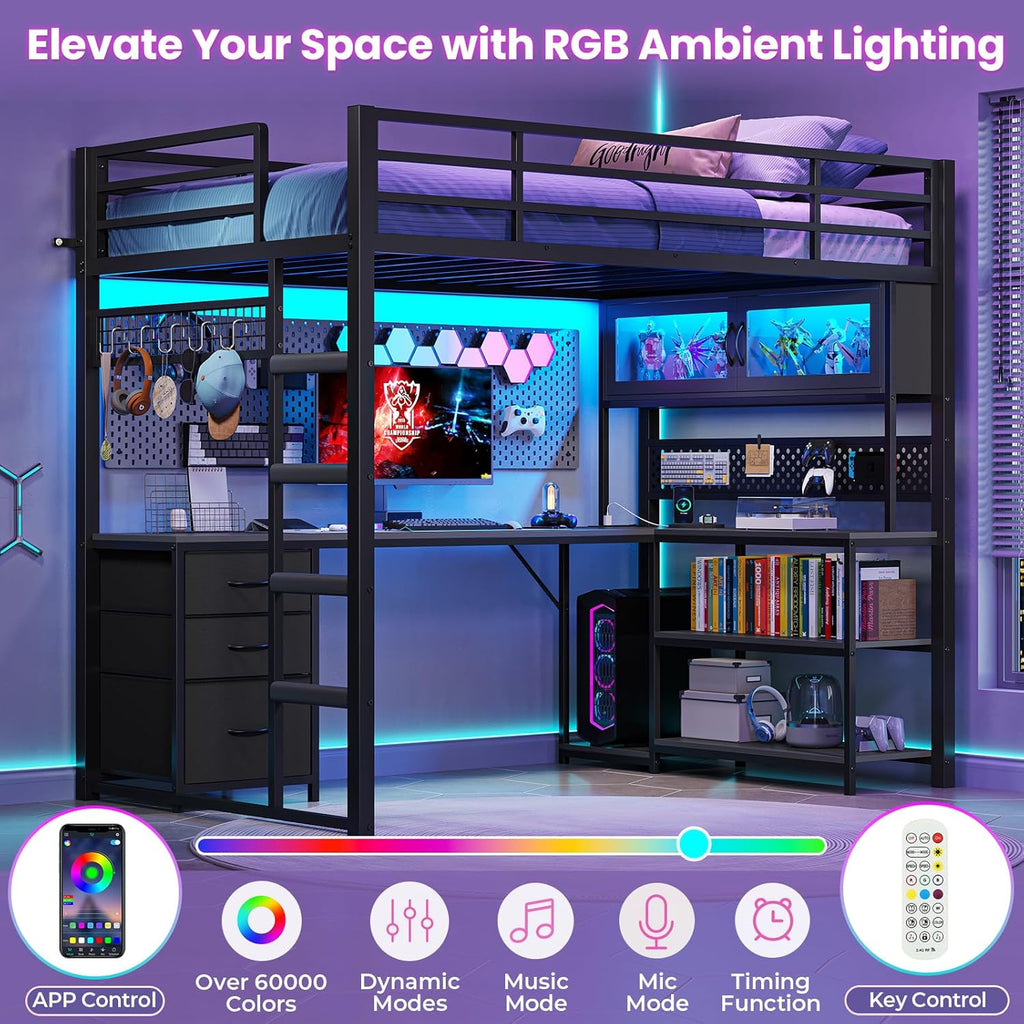 ADORNEVE Twin Size Loft Bed with L-Shaped Gaming Desk, Storage Drawers & Hutch, Expanded Safety Power Outlet, Metal Loft Bed Frame with RGB Lights, Space Saving for Teens, Black