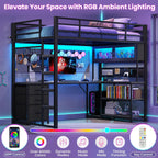 ADORNEVE Twin Size Loft Bed with L-Shaped Gaming Desk, Storage Drawers & Hutch, Expanded Safety Power Outlet, Metal Loft Bed Frame with RGB Lights, Space Saving for Teens, Black
