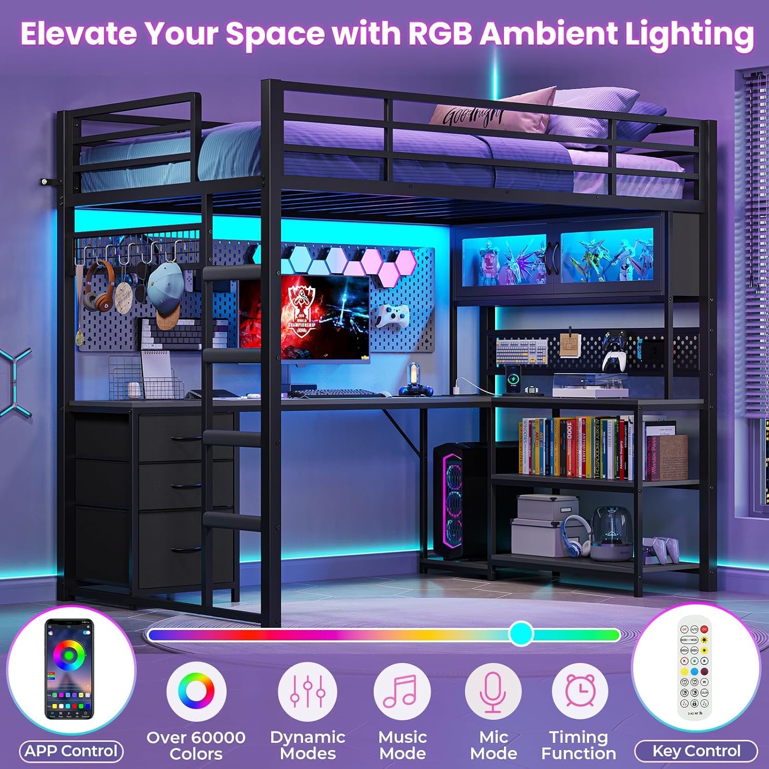 ADORNEVE Twin Size Loft Bed with L-Shaped Gaming Desk, Storage Drawers & Hutch, Expanded Safety Power Outlet, Metal Loft Bed Frame with RGB Lights, Space Saving for Teens, Black