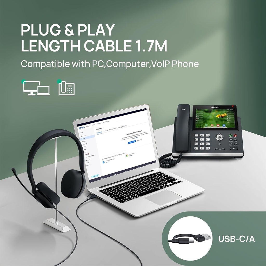 Yealink UH35 USB-C/A Headset with Noise Cancelling Microphone, Wired Headphones for Computer PC, Mute Button, Compatible with Zoom, Google and Other Leading UC Call Platforms