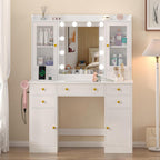 Vanity Desk with Mirror and Lights, 43" White Makeup Vanity Set with 5 Drawers & Glass Cabinets, Makeup Tray, Power Outlet & Adjustable LED Lights, Dressing Table for Women & Girls Bedroom