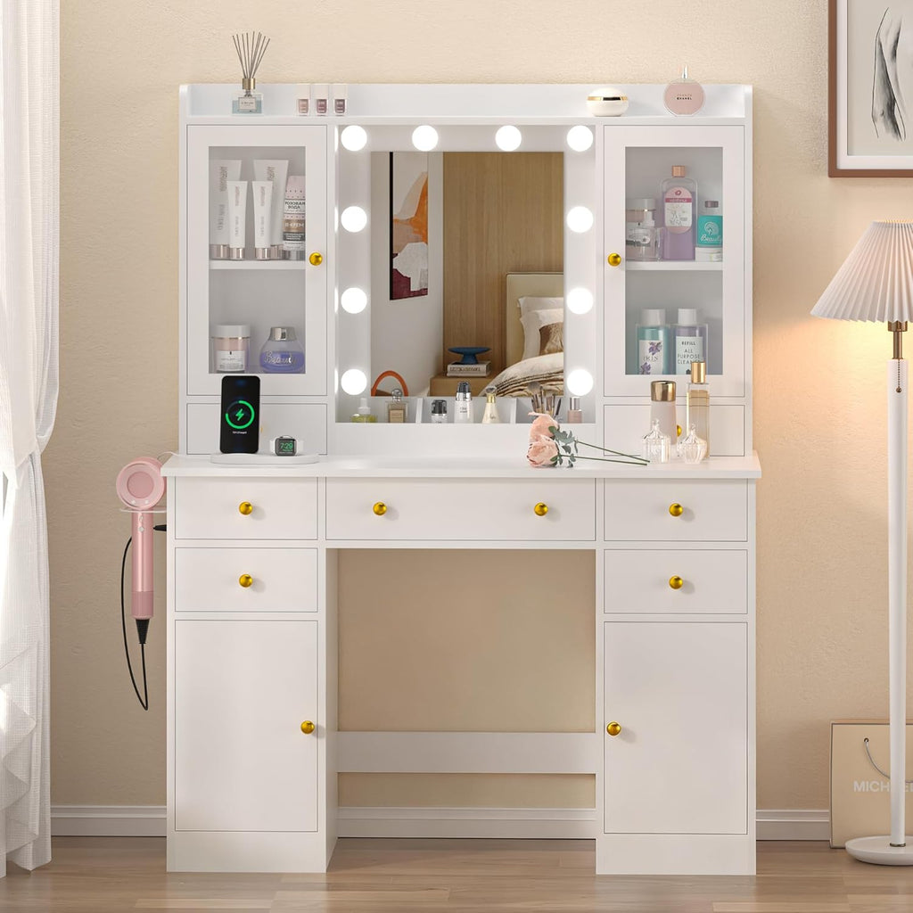 Vanity Desk with Mirror and Lights, 43" White Makeup Vanity Set with 5 Drawers & Glass Cabinets, Makeup Tray, Power Outlet & Adjustable LED Lights, Dressing Table for Women & Girls Bedroom