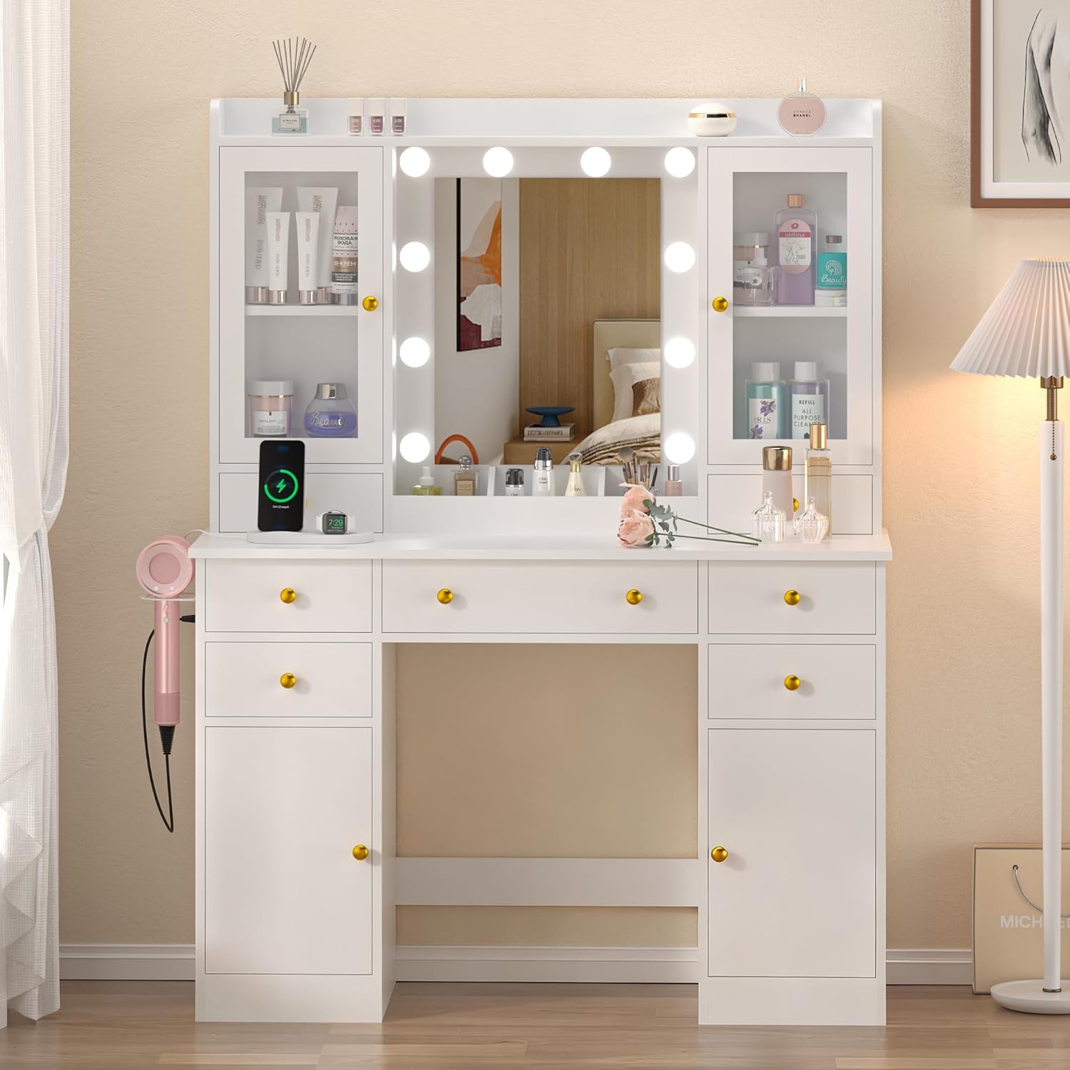 Vanity Desk with Mirror and Lights, 43" White Makeup Vanity Set with 5 Drawers & Glass Cabinets, Makeup Tray, Power Outlet & Adjustable LED Lights, Dressing Table for Women & Girls Bedroom