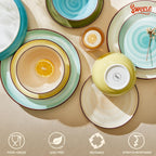 Sweese Plates and Bowls Sets, 18 Piece Dinnerware Set Porcelain Round Dinner Set for 6, Scratch Resistant Dishes Set, Dishwasher and Oven Microwave Safe Handpainted Swirl Dishware Sets, Assorted Green