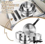 E-far 9pcs Stainless Steel Cookware Set, 3-Ply Pots and Pans Set w/Detachable Handle & Lid, Induction Cookware Kitchen Cooking Set for RV Camping, Nontoxic Whole Clad Frying/Saute/Sauce Pan, Oven Safe