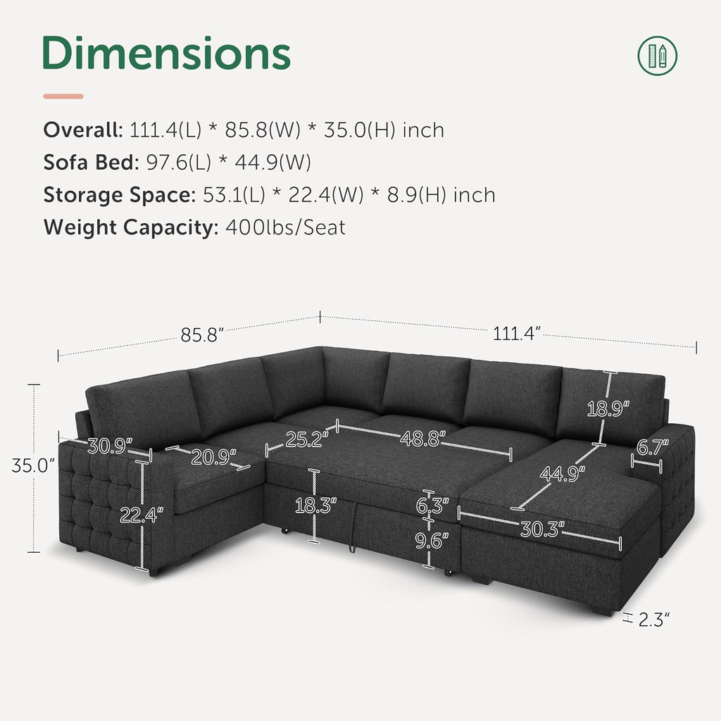 HONBAY Sectional Sleeper Sofa with Pull-Out Bed Storage Chaise, 6 Seater Couch for Living Room, Dark Grey
