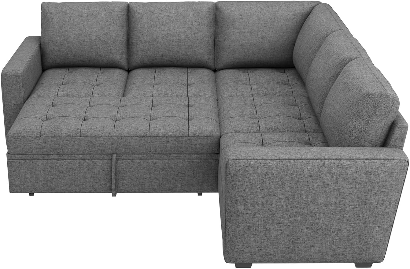 HONBAY Modular Sectional Sleeper Sofa with Pull Out Bed, Linen Convertible L Shaped Couch with Storage Seat, Sectional Couches for Living Room,Grey