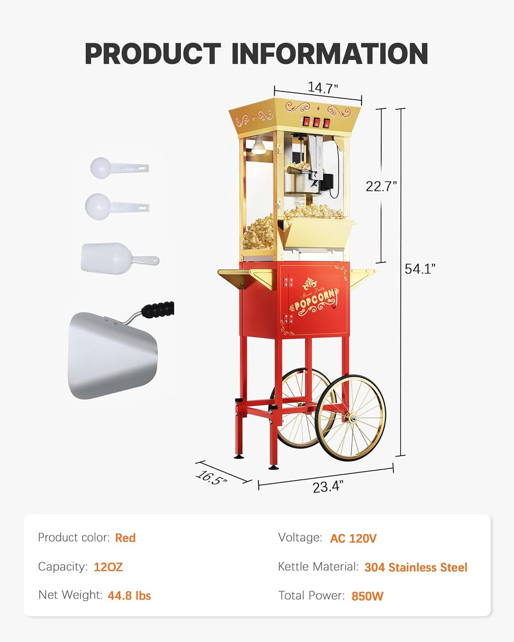 12 oz Upgraded Popcorn Machine Cart, Popcorn Maker Machine with Stainless-Steel Kettle Makes Up to 48 Cups, Movie Theater Pop Corn Machine with 3-Switch Control & Tempered Glass Doors, Red