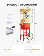 12 oz Upgraded Popcorn Machine Cart, Popcorn Maker Machine with Stainless-Steel Kettle Makes Up to 48 Cups, Movie Theater Pop Corn Machine with 3-Switch Control & Tempered Glass Doors, Red