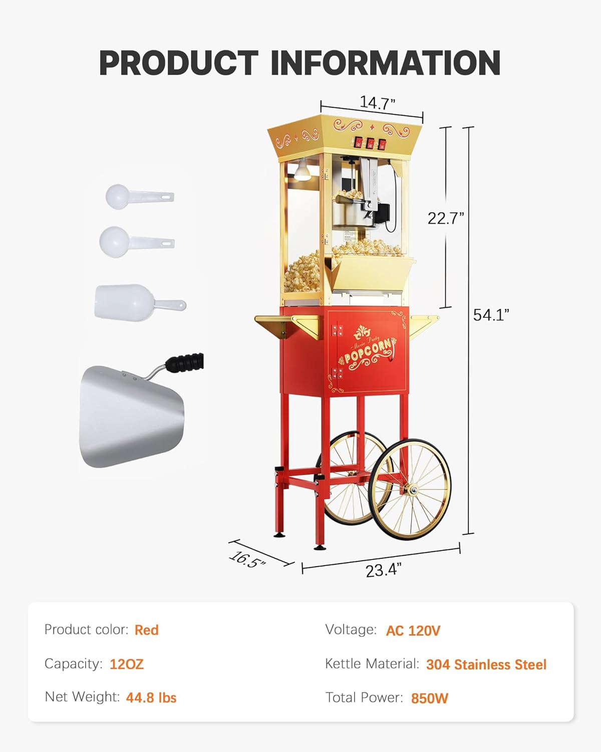 12 oz Upgraded Popcorn Machine Cart, Popcorn Maker Machine with Stainless-Steel Kettle Makes Up to 48 Cups, Movie Theater Pop Corn Machine with 3-Switch Control & Tempered Glass Doors, Red