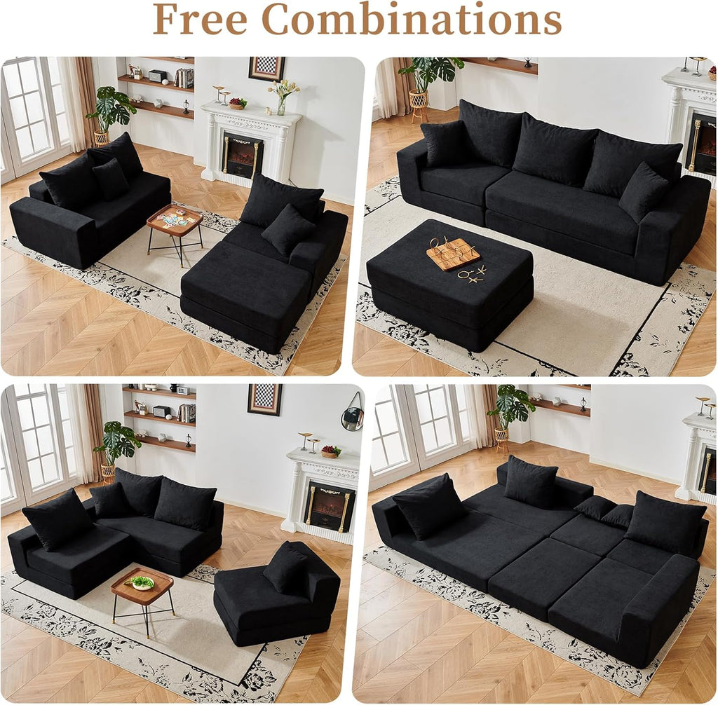108'' Modular Sectional Couch, Modern 3-Seater Boneless Cloud Sleeper Sofa, L-Shaped Convertible Sectional with Non-Slip Bottom, No Assembly Required, Black