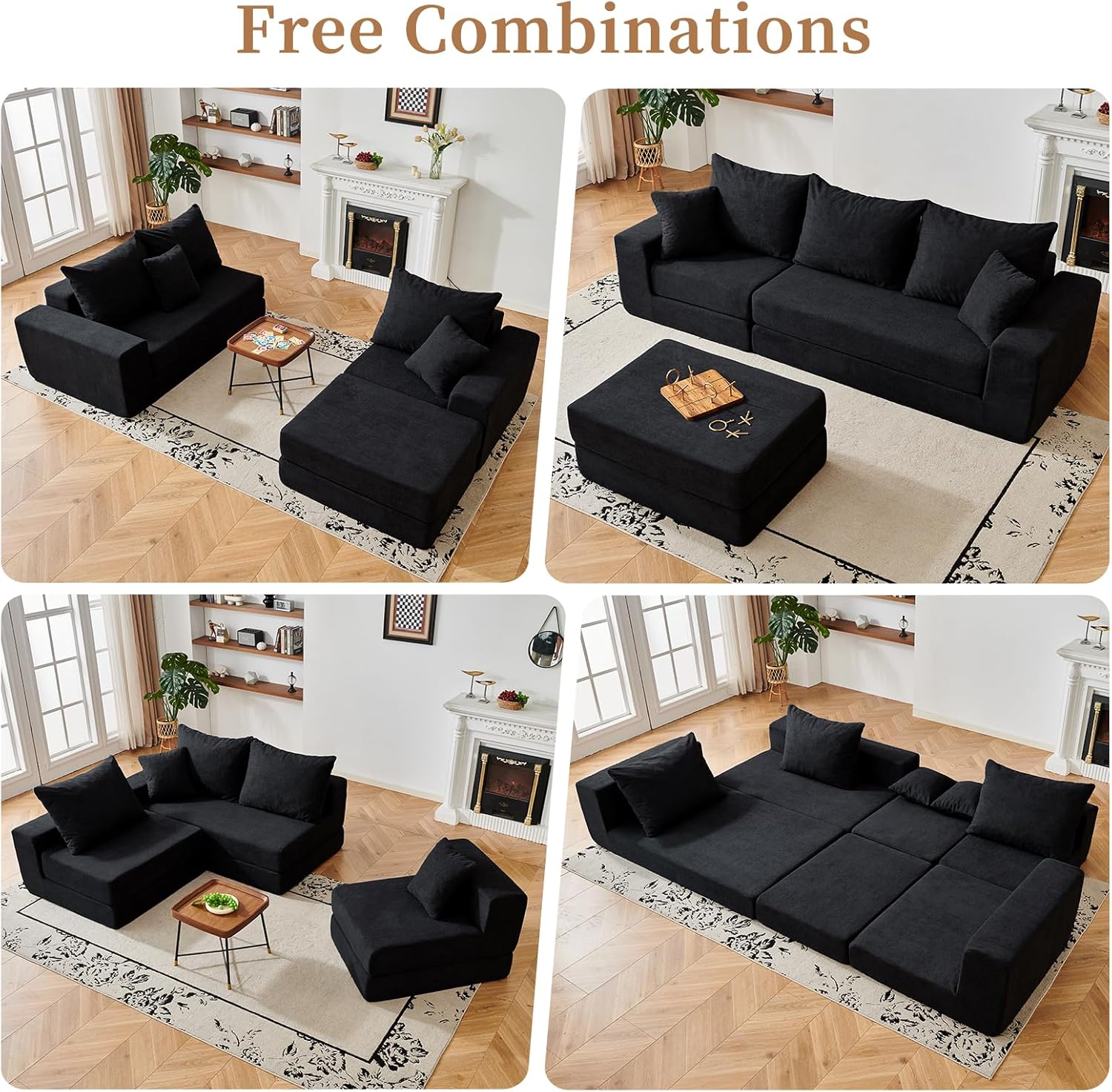 108'' Modular Sectional Couch, Modern 3-Seater Boneless Cloud Sleeper Sofa, L-Shaped Convertible Sectional with Non-Slip Bottom, No Assembly Required, Black