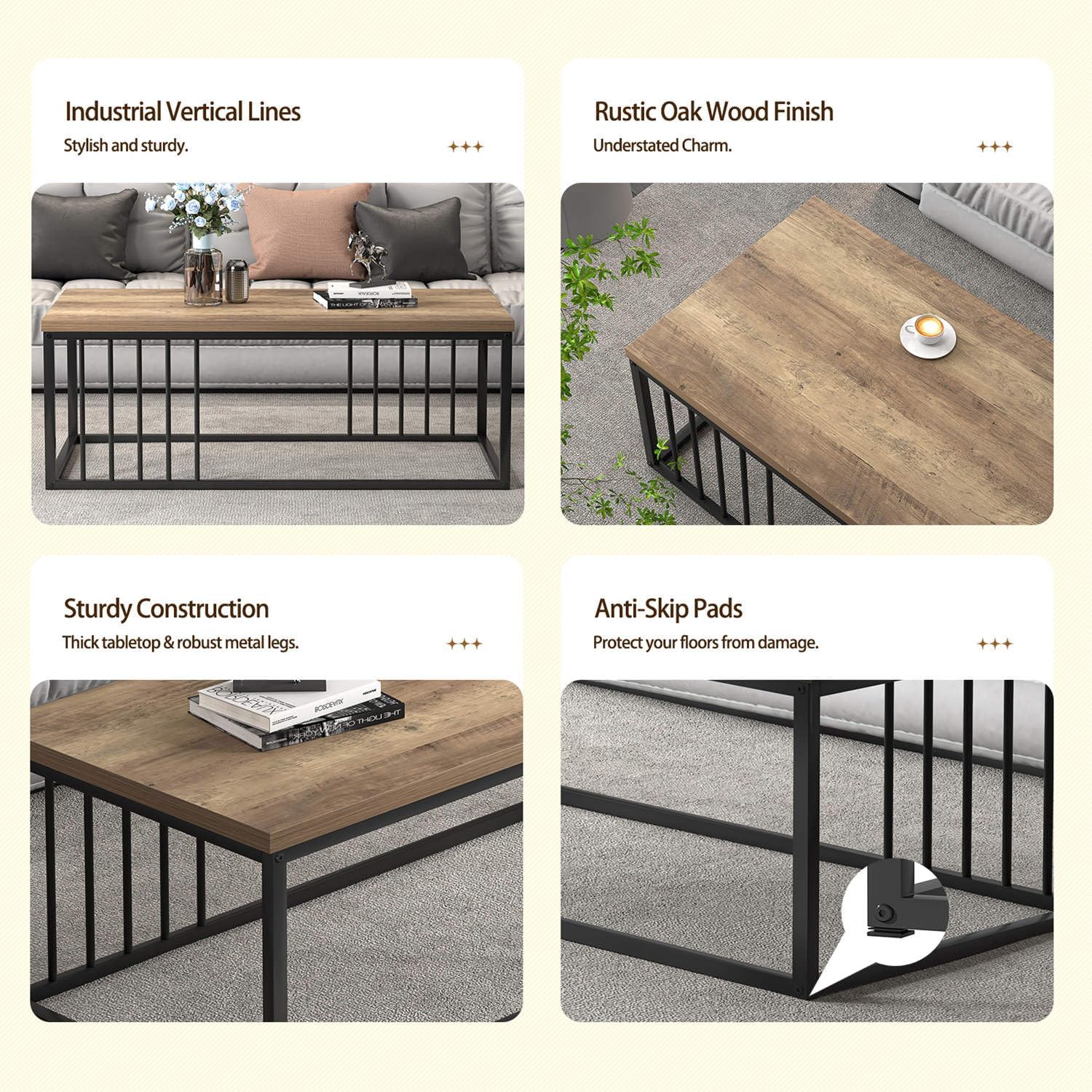 FOLUBAN Modern Coffee Table, Minimalist Wood and Metal Center Table for Living Room, Rustic Oak, 43.3 Inch