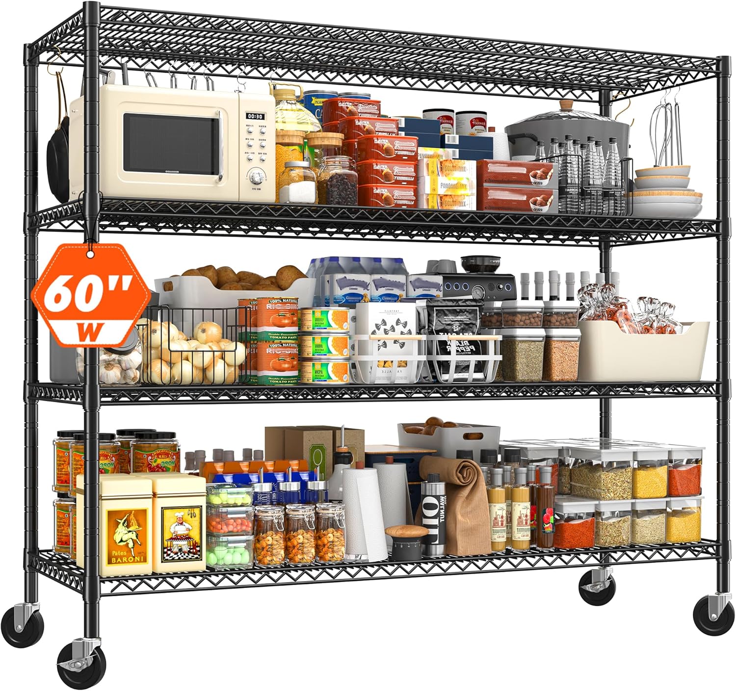 REIBII 60" W ×24" D×65.3" H, 4 Tier Wire Shelving 2878LBS Heavy Duty Steel Storage Rack Shelving Adjustable Shelves for Warehouses, Garages, Kitchens, and Commercial Spaces/Premium Wheels 2 Pack