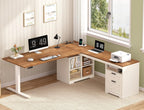 Farmhouse L Shaped Standing Desk, 66 inch Corner Electric Standing Desk with Drawers ＆ Storage Shelves, Height Adjustable Computer Desk with Power Outlets for Home Office, Antique White