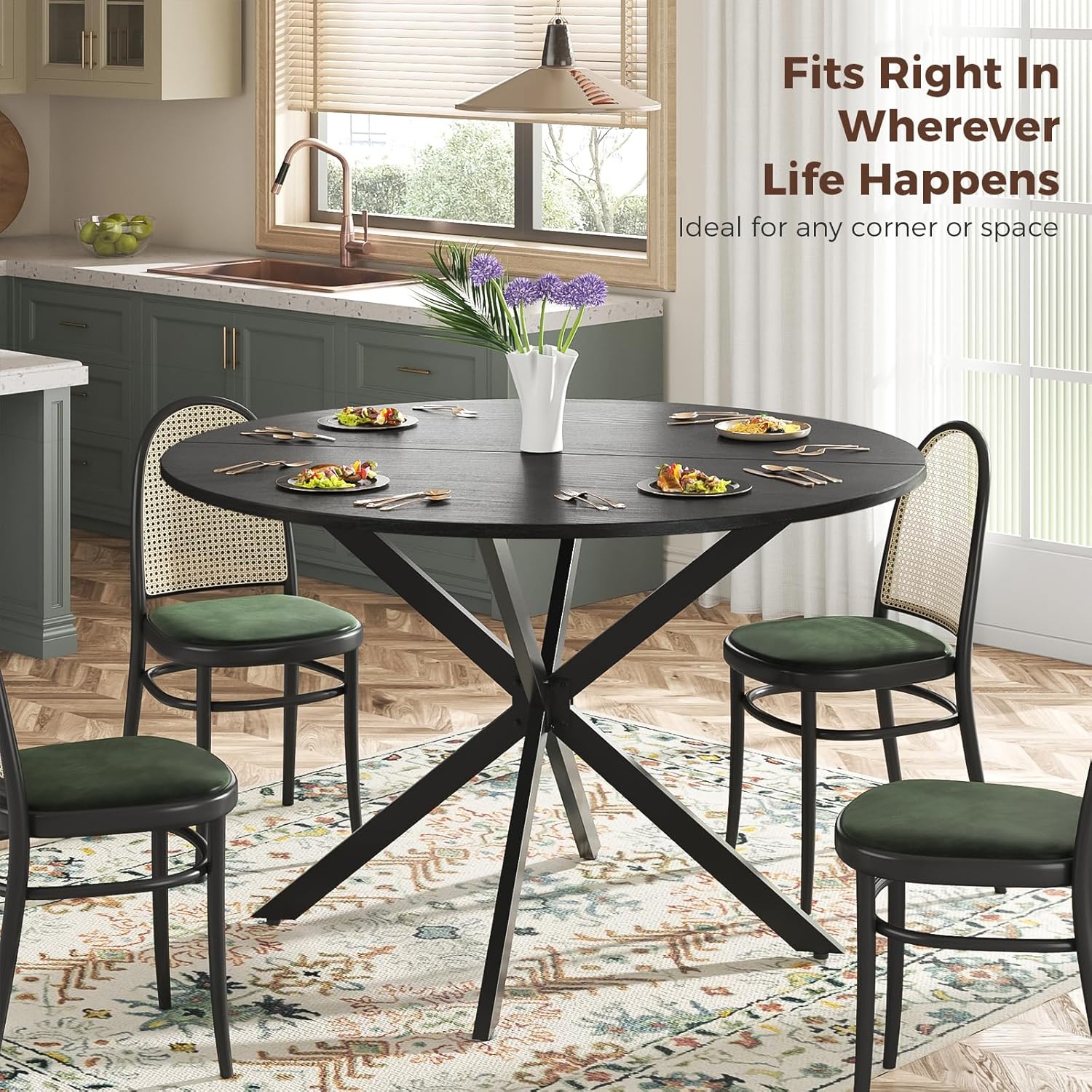 Unovivy 47 Inch Round Dining Table for 4, Space Saving Circle Dining Table with Pedestal Metal Frame, Industrail Modern Round Kitchen Table for Living & Dining Room, Black