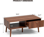 LCRBOL Coffee Table with Storage, Mid Century Dining Table with Fluted Drawer and Solid Wood Legs, Small Coffee Tables for Living Room, Walnut
