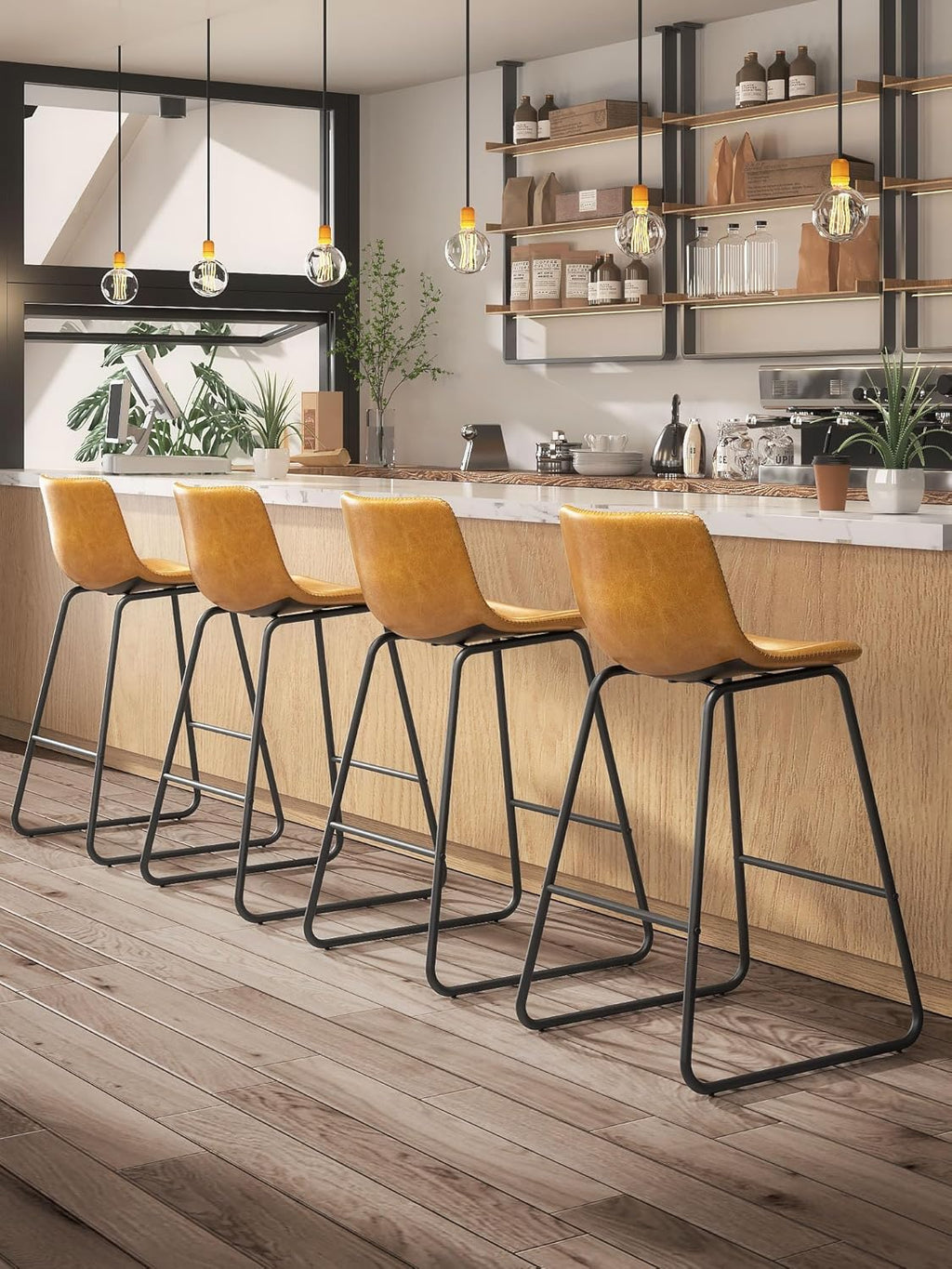 Bar Stools Set of 4, 26 Inches Counter Height Bar Stools with Back, Modern Faux Leather Barstools with Metal Legs and Footrest, Bar Chairs for Kitchens Island (Whiskey Brown)