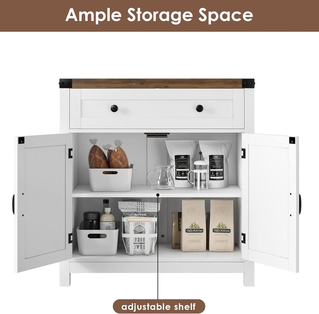 HOSTACK Coffee Bar Cabinet, Kitchen Storage Cabinet, Modern Farmhouse Buffet Sideboard with Drawer and Adjustable Shelf, Barn Door Accent Cabinets for Kitchen, Dining Room, Entryway, White