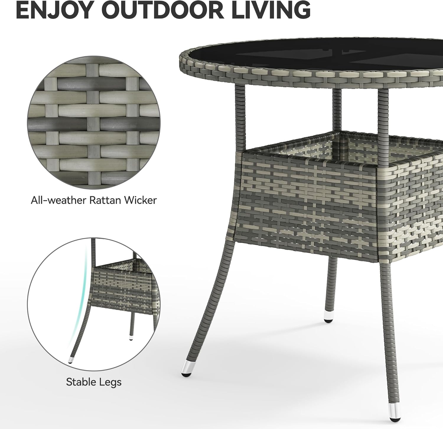 YITAHOME Outdoor Dining Table Round for 4 31.5" Patio Dining Table with Easy-to-Clean Glass Tabletop, All-Weather Rattan Bistro Table Round for Backyard Deck Porch Poolside, Gray