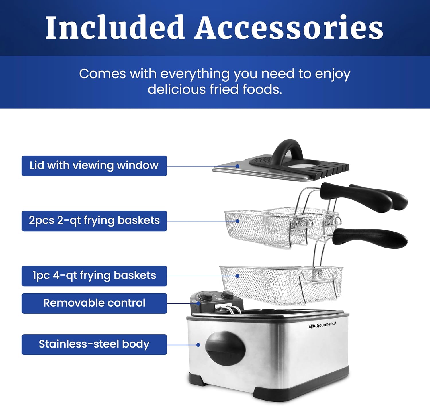 Elite Gourmet EDF-401T Electric 4.5 Qt. / 17 Cup Immersion Deep Fryer 3-Baskets, 1700-Watt, Timer Control Adjustable Temperature, Lid with Viewing Window and Odor Free Filter