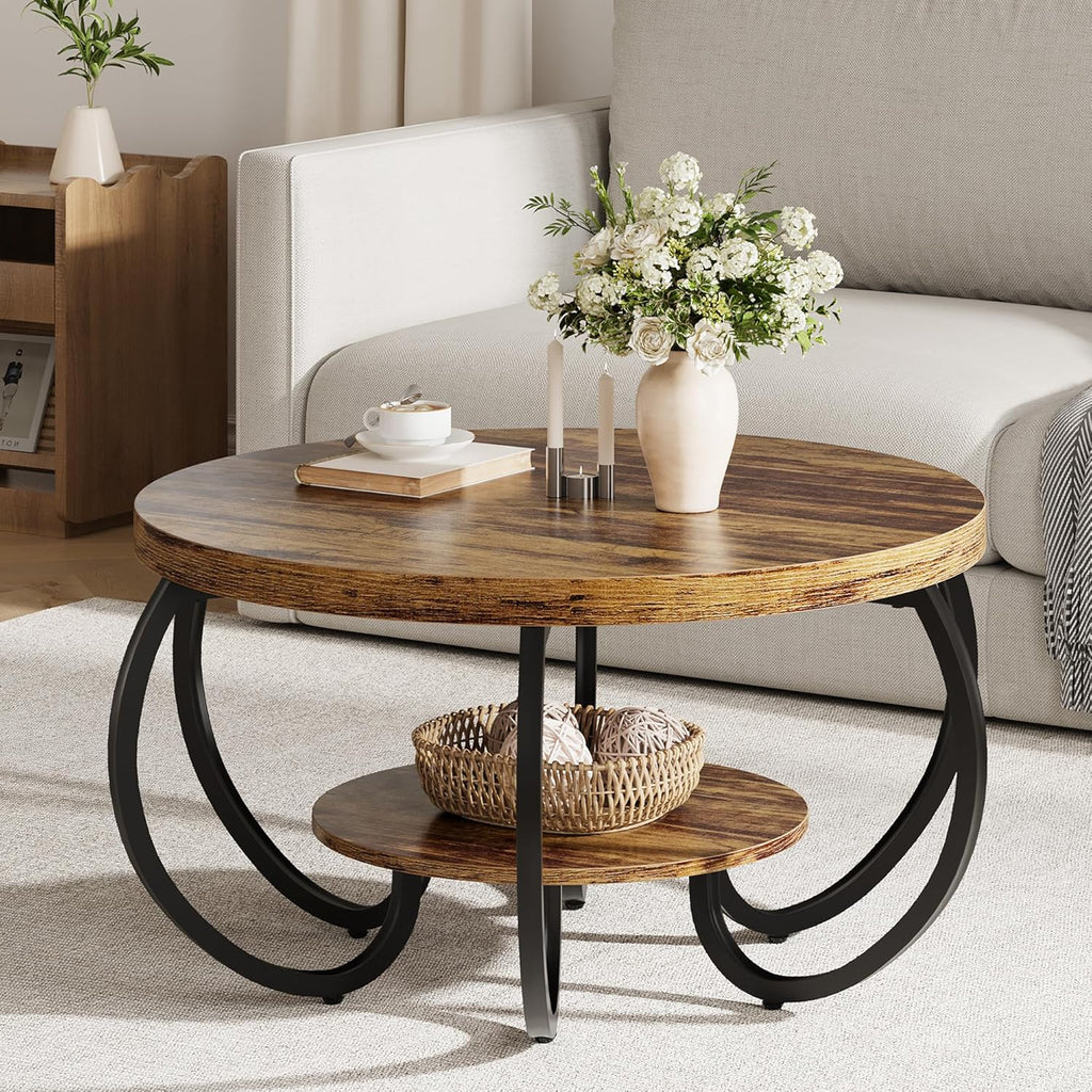 GarveeHome Round Coffee Table 30 in Center Table, 2-Tier Coffee Table Industrial Center Tables with Adjustable Feet, Living Room Tables with Storage Shelf and Designed Wood Grain, Easy Assemble