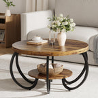 GarveeHome Round Coffee Table 30 in Center Table, 2-Tier Coffee Table Industrial Center Tables with Adjustable Feet, Living Room Tables with Storage Shelf and Designed Wood Grain, Easy Assemble