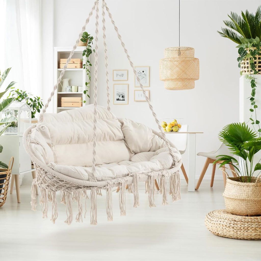 Tangkula 2-Person Hanging Hammock Chair, Boho Style Macrame Hammock Swing with Soft Cushions, Tassels, Indoor Outdoor Cotton Rope Hanging Swing Chair for Bedroom, Porch, Balcony