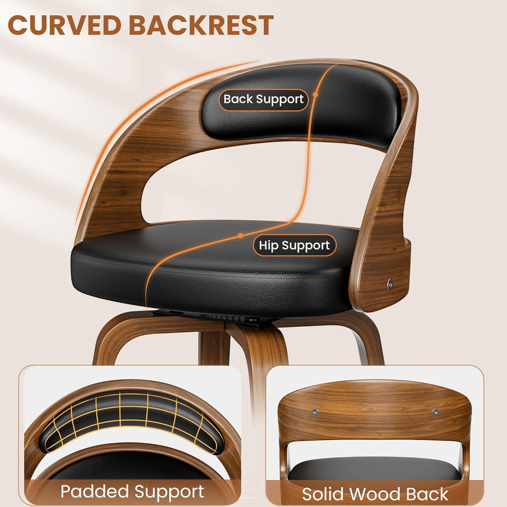 Bar Stools Set of 2, 26" Swivel Counter Height Bar Stools with Bentwood Legs and Back, Mid Century Modern Faux Leather Upholstered Counter Stools for Kitchen Island, Bar, Restaurant, Black
