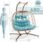 NICESOUL Outdoor Double Egg Chair with Stand, XL Large & Wide All-Weather Cushioned Swing Chair, Heavy Duty Rattan Egg Hammock Loveseat with Stand for Patio Porch Balcony Backyard or Indoor, Turquoise
