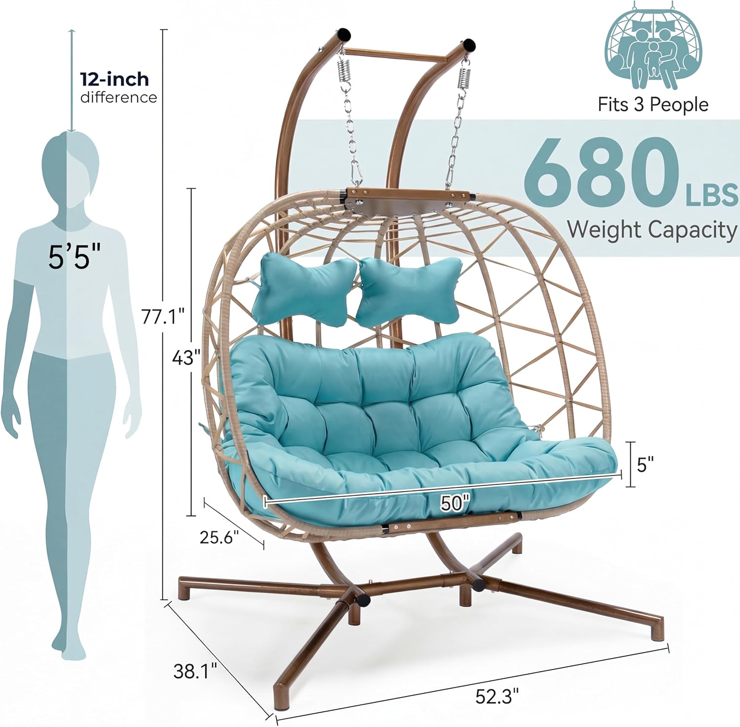 NICESOUL Outdoor Double Egg Chair with Stand, XL Large & Wide All-Weather Cushioned Swing Chair, Heavy Duty Rattan Egg Hammock Loveseat with Stand for Patio Porch Balcony Backyard or Indoor, Turquoise